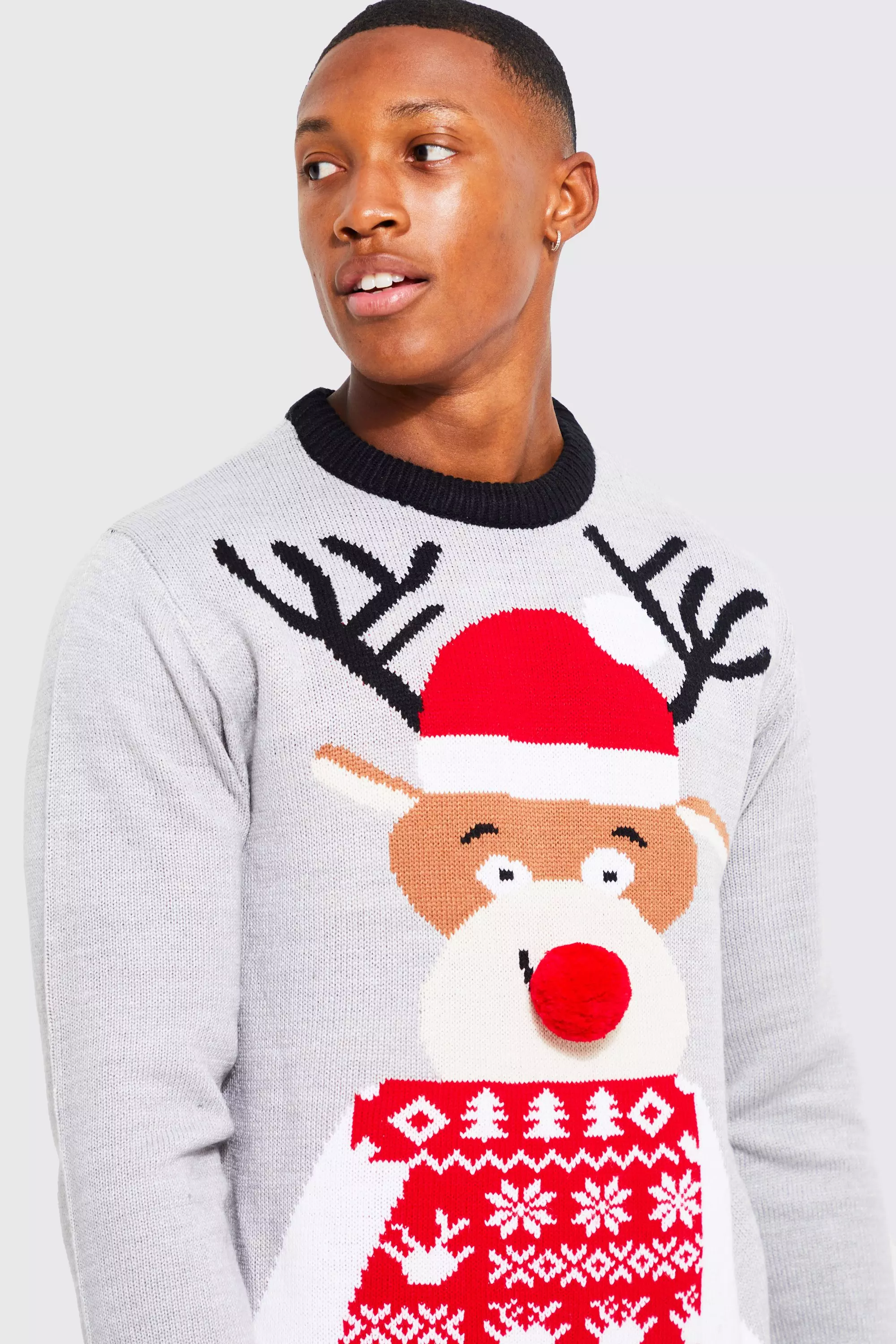 Reindeer Santa Hat Christmas Sweater boohooMAN USA